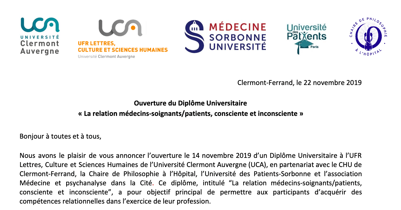 Nouveau D.U. : « La relation médecins-soignants / patients, consciente et inconsciente »
