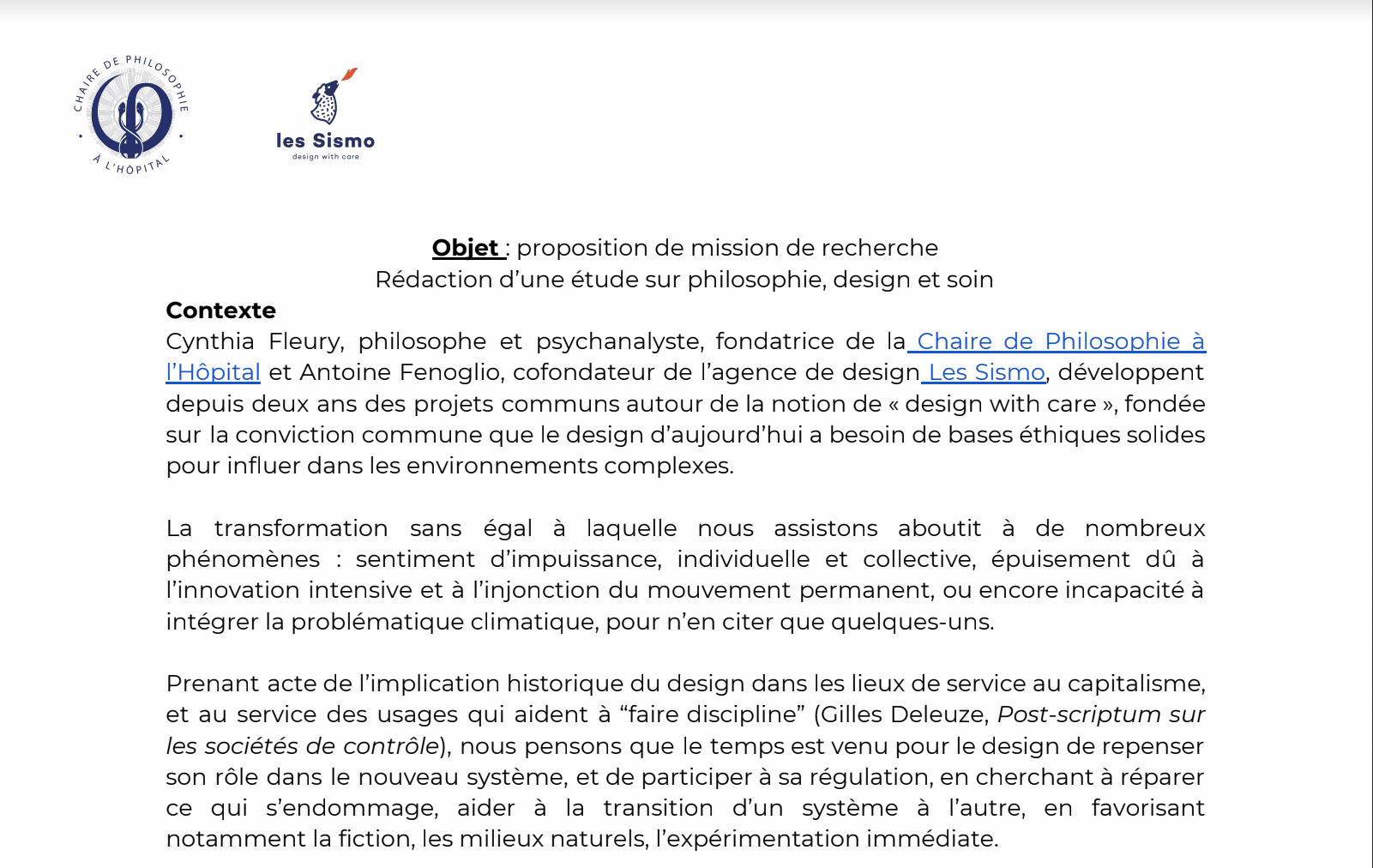 Mission de recherche “philosophie, design et soin”